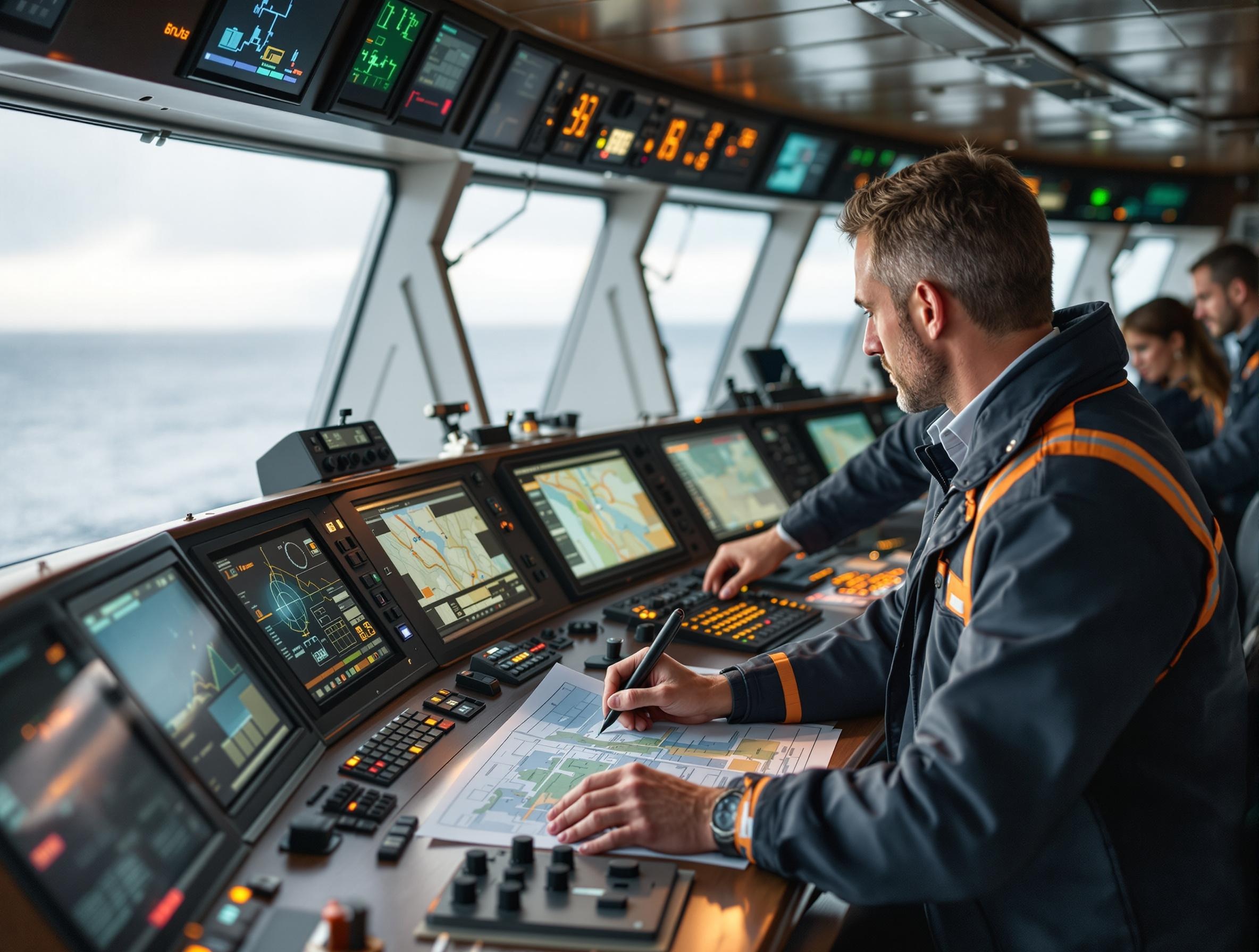 Ein Navigationsoffizier plant auf der Brücke eines Schiffes auf der Karte