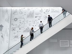 Ein Tea, läuft ein modernes Treppenhaus hoch, dessen Wand mit digitalen Zeichnungen versehen ist