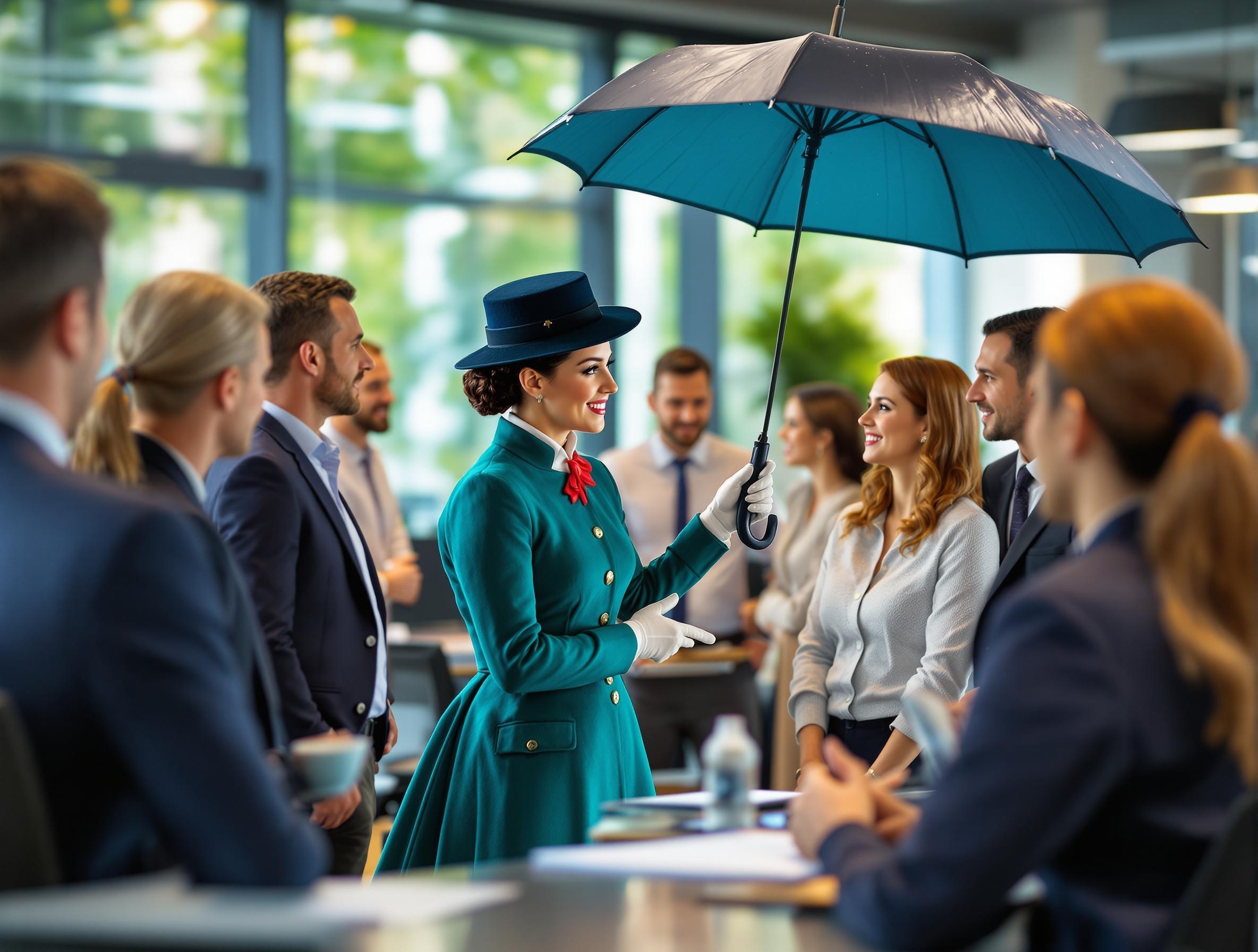 Eine Kinderfrau mit Schirm spricht mit einem Management Team