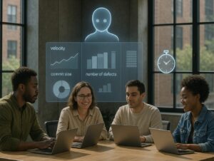 A photorealistic scene inside a modern, sunlit tech workspace. A diverse group of software developers collaborates around a large table filled with laptops and digital devices. Above them, a semi-transparent, futuristic AI interface floats in the air, displaying clear, data-driven performance insights like graphs and progress indicators. No managers present — only the team, deeply focused and self-directed. In the background, a sleek digital stopwatch hologram subtly symbolizes real-time, unbiased feedback. The atmosphere feels dynamic, supportive, and empowering, blending cutting-edge technology with human creativity